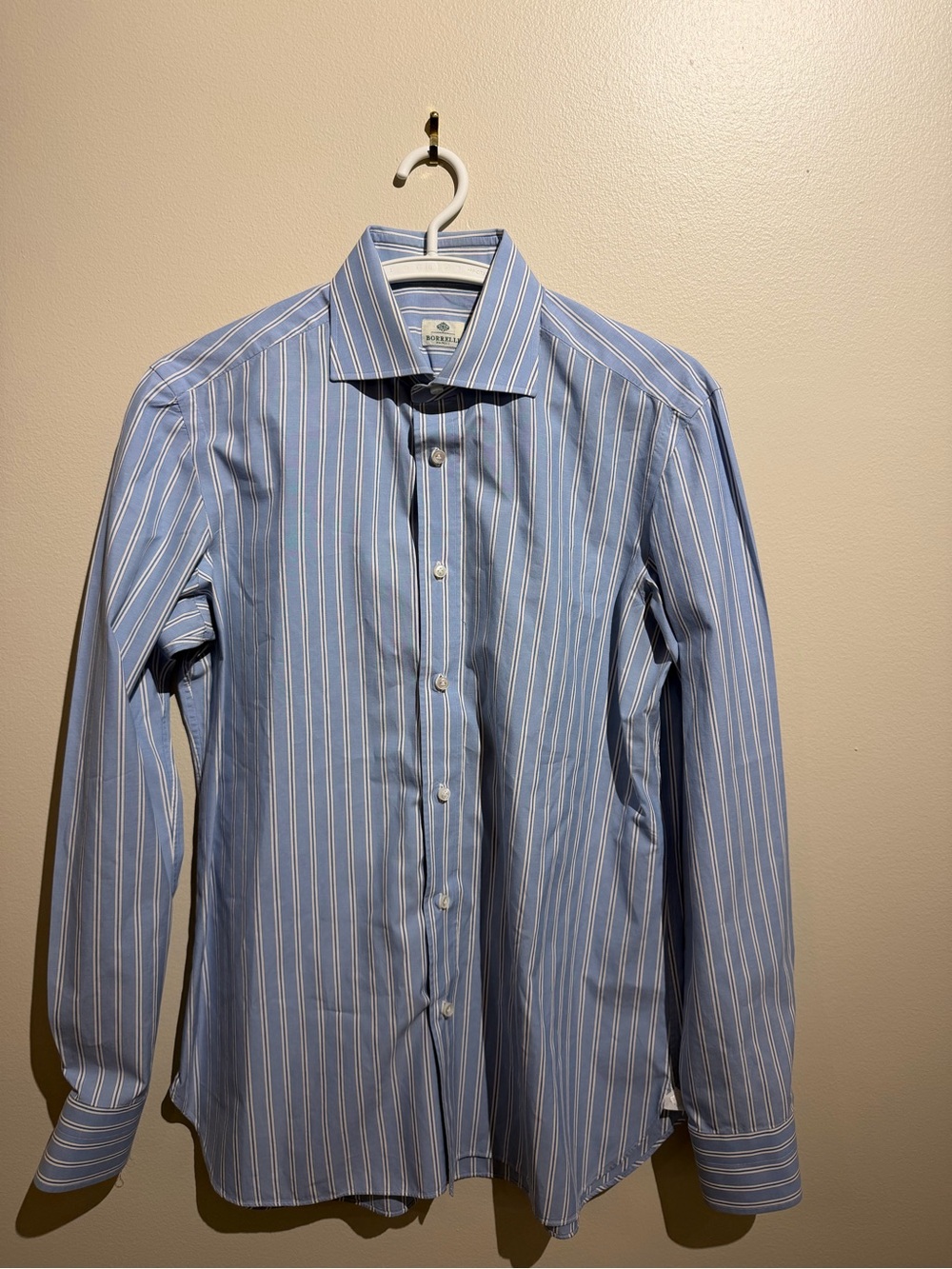 Borrelli Napoli Men’s Dress Shirt 15.5 39 Regular Fit Blue/White Stripe Cotton